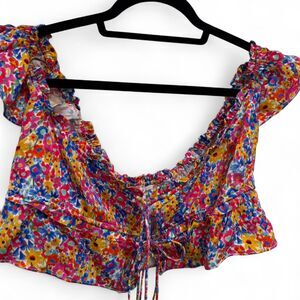 For Love & Lemons Women's Sasha Colorful Coquette Floral Tie Front Crop Top NWOT